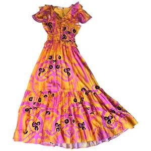 NWOT Maude Vivante Oriental Ana $220 Orange Pink Print Tiered Skirt Dress XS